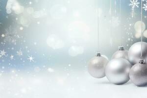 scintillante bianca Natale palle e ornamenti in mezzo un' sfondo di scintillante i fiocchi di neve con copia incolla, per vacanza intestazioni, carte, festa manifesti. generativo ai foto