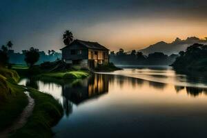 un' Casa si siede su il bordo di un' fiume a tramonto. ai-generato foto