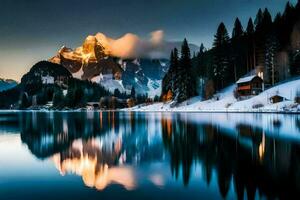 un' lago e montagna gamma a tramonto. ai-generato foto