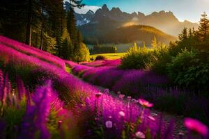 un' sentiero attraverso un' campo di viola fiori e montagne. ai-generato foto