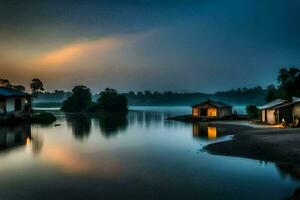 un' lago con case su il riva a crepuscolo. ai-generato foto