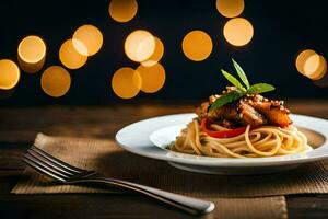 spaghetti con carne e verdure su un' piatto. ai-generato foto