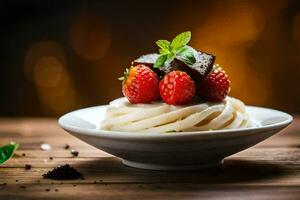 un' ciotola di ghiaccio crema con fragole e cioccolato. ai-generato foto