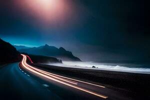 un' lungo esposizione fotografia di un' strada e oceano a notte. ai-generato foto