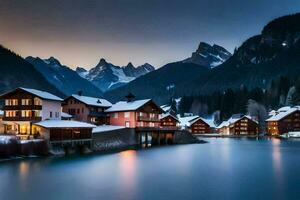 un' villaggio nel il montagne con neve su il terra. ai-generato foto