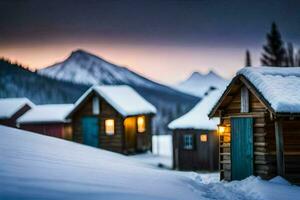 un' cabina nel il neve con un' montagna nel il sfondo. ai-generato foto