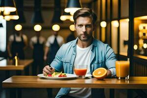 un' uomo seduta a un' tavolo con un' piatto di cibo e succo. ai-generato foto