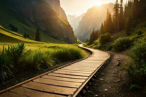 un' di legno sentiero conduce per un' montagna valle. ai-generato foto