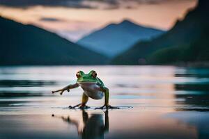 un' rana in piedi su suo posteriore gambe nel il acqua. ai-generato foto