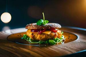 un' Hamburger con formaggio e pomodoro su un' di legno piatto. ai-generato foto