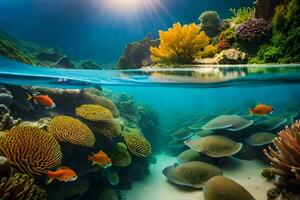 il sole brilla al di sopra di un' corallo scogliera e pesce. ai-generato foto