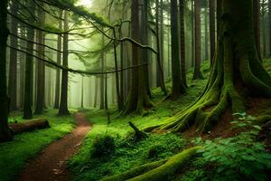 un' sentiero attraverso un' verde foresta con alberi e muschio. ai-generato foto