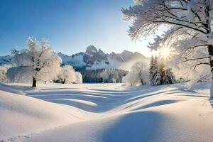 neve coperto alberi e montagne nel il sole. ai-generato foto