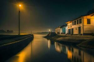 un' Casa su il fiume a notte con un' strada luce. ai-generato foto