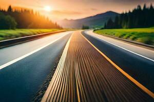 un' autostrada con un' tramonto nel il sfondo. ai-generato foto