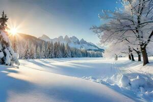 neve coperto alberi e montagne nel il sole. ai-generato foto