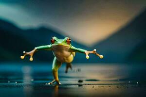 un' rana salto nel il aria con suo gambe differenza. ai-generato foto