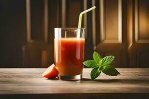 un' bicchiere di succo con un' cannuccia e un' fetta di pomodoro. ai-generato foto