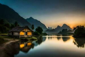 un' piccolo capanna si siede su il riva di un' fiume a tramonto. ai-generato foto