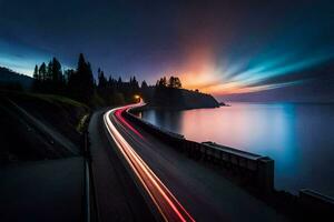 un' lungo esposizione fotografia di un' strada e acqua. ai-generato foto