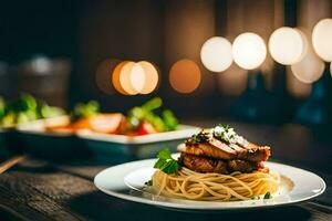 un' piatto di spaghetti e carne su un' di legno tavolo. ai-generato foto