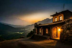 un' Casa nel il montagne a tramonto. ai-generato foto