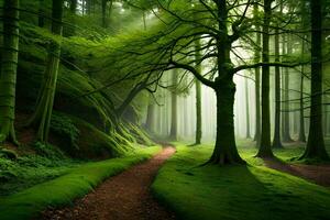 un' sentiero attraverso un' verde foresta con alberi. ai-generato foto