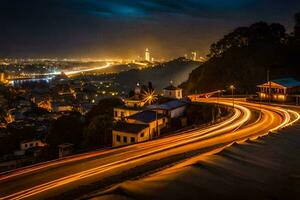 un' città a notte con luci su il strada. ai-generato foto