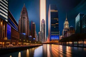 un' città orizzonte a notte con un' leggero splendente nel il cielo. ai-generato foto