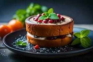 un' torta con frutti di bosco e menta su un' nero piatto. ai-generato foto