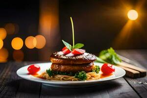 un' piatto con un' hamburger e spaghetti su esso. ai-generato foto