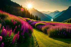 il sole brilla al di sopra di un' campo di viola fiori. ai-generato foto