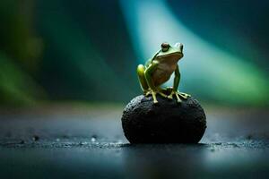 un' rana seduta su superiore di un' roccia. ai-generato foto