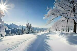 neve coperto alberi e montagne nel il inverno. ai-generato foto