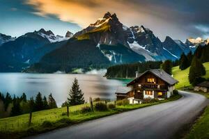 il strada per il lago. ai-generato foto