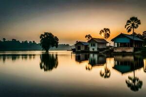 un' Casa su il acqua a tramonto. ai-generato foto