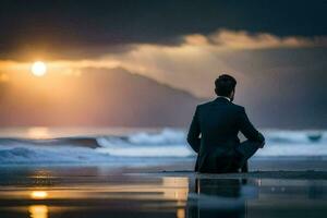 un' uomo nel un' completo da uomo si siede su il spiaggia a tramonto. ai-generato foto