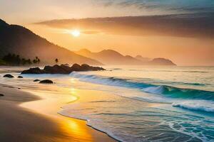 il sole sorge al di sopra di il oceano e montagne nel Questo bellissimo spiaggia scena. ai-generato foto