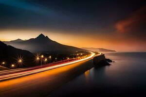 un' lungo esposizione fotografia di un' strada e montagne a tramonto. ai-generato foto