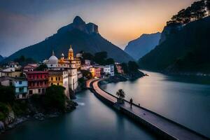 foto sfondo il cielo, acqua, montagne, fiume, ponte, cittadina, tramonto, lago,. ai-generato