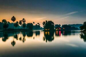 un' lago con palma alberi e un' Casa a tramonto. ai-generato foto