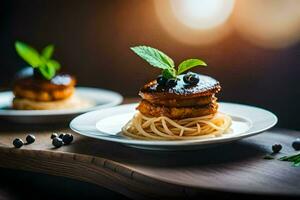 Due piatti con spaghetti e Polpette su loro. ai-generato foto