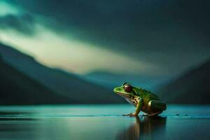 un' rana seduta su il bordo di un' lago nel davanti di un' montagna. ai-generato foto