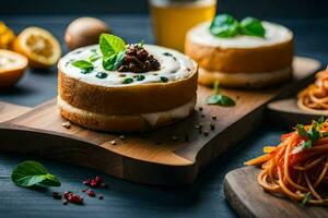 un' torta con crema formaggio e verdure su un' di legno tavola. ai-generato foto