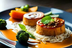 un' piatto di cibo con tagliatelle e verdure. ai-generato foto