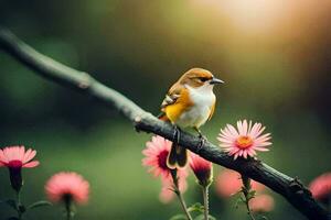 foto sfondo il sole, fiori, uccello, molla, fiori, uccello, molla, fiori,. ai-generato