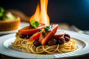 spaghetti con pomodori e carne su un' piatto. ai-generato foto