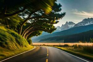 un' strada nel il montagne con alberi e montagne nel il sfondo. ai-generato foto