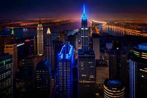 il città orizzonte a notte con blu luci. ai-generato foto