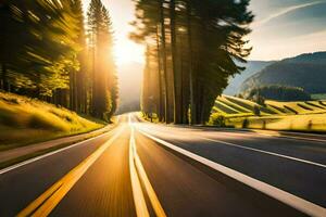 un' auto guida giù un' nazione strada a tramonto. ai-generato foto